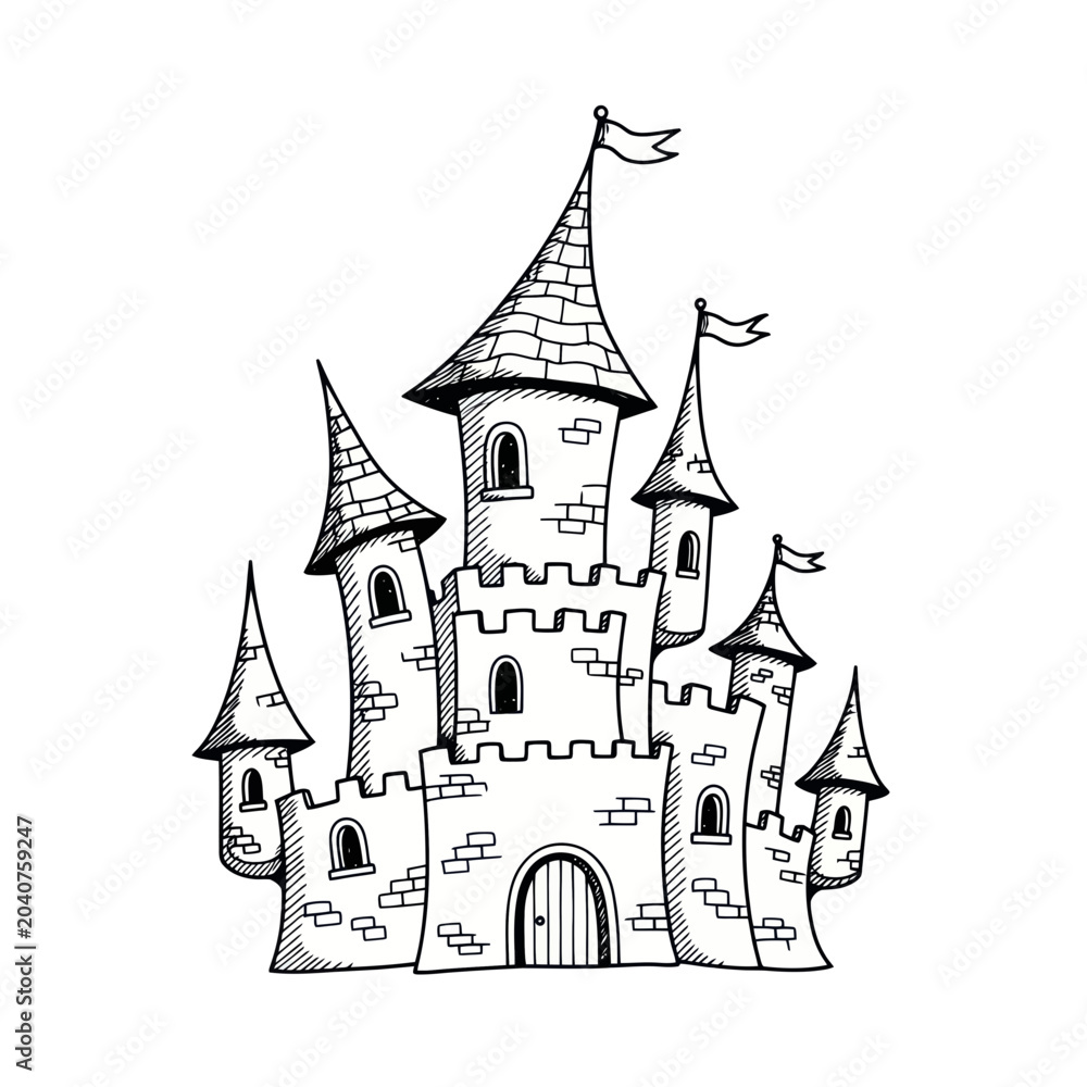 Fototapeta premium Whimsical Castle Drawing, Fairytale Fantasy Fortress, Medieval Architecture