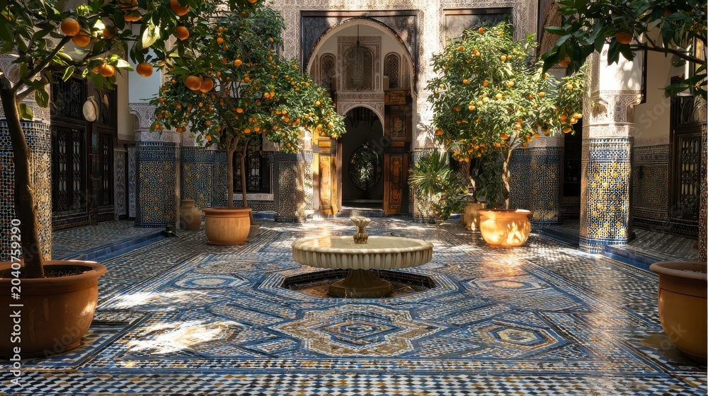 Obraz premium Ornate moroccan courtyard with blue tile floor and potted plants