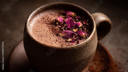 A brown ceramic mug filled with foamy hot chocolate and dried rose petals on top