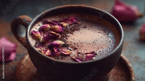 A brown ceramic mug filled with foamy hot chocolate and dried rose petals on top