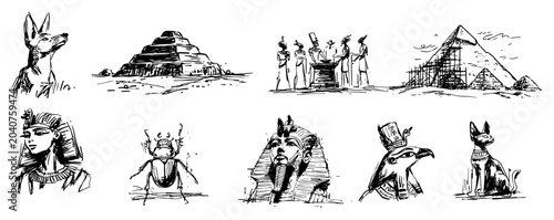 Photos Ancient Egypt culture icons featuring pyramids pharaoh sphinx scarab beetle and