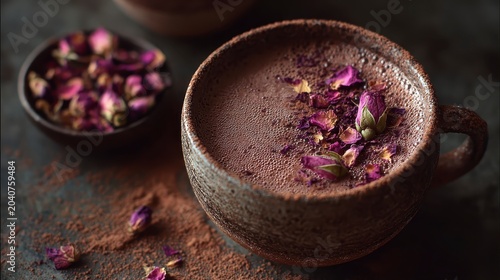 A brown ceramic mug filled with foamy hot chocolate and dried rose petals on top
