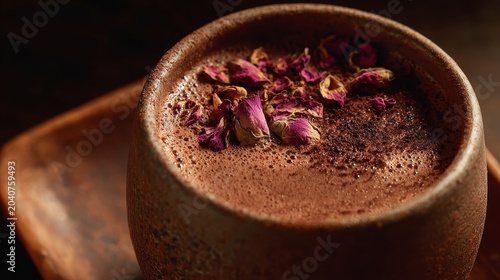 A brown ceramic mug filled with foamy hot chocolate and dried rose petals on top