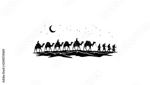 Desert caravan, camel procession, moonlit travel, desert journey