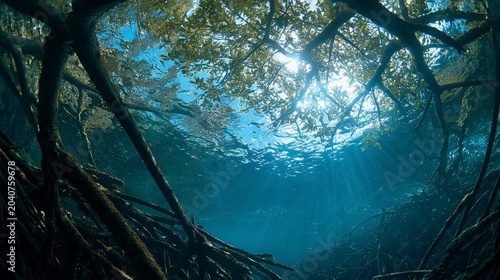 Underwater view of mangrove roots and leaves in clear blue water with sunlight filtering through