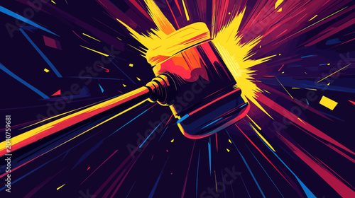 Vibrant digital artwork of a judge's gavel striking swiftly