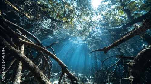 Underwater view of mangrove roots and leaves in clear blue water with sunlight filtering through