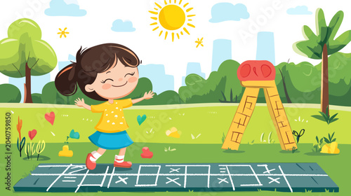 Child playing hopscotch outdoors with slide, trees, and sunshine