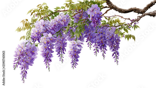 Fotografía Blooming purple wisteria flowers on tree branch isolated image for spring design