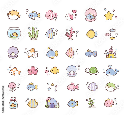 Foto A collection of cute, kawaii-style illustrations featuring various sea creatures and underwater elements