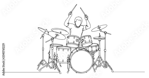 Photography Musician playing full drum kit set in continuous line art style