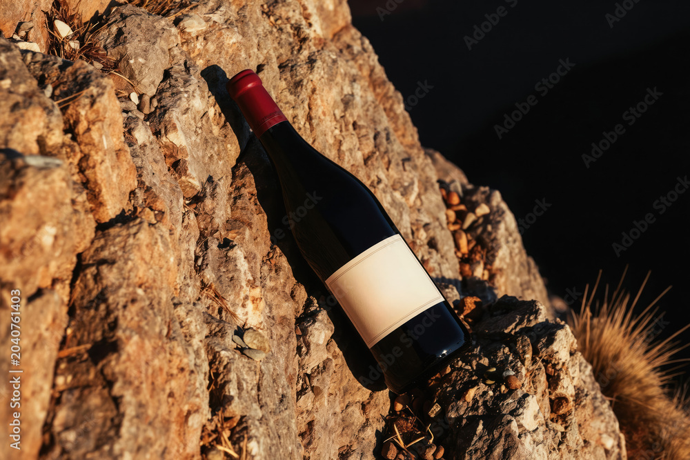 Fototapeta premium Dark glass wine bottle rests on rocky mountain slope. Blank label suggests custom branding. Warm sunlight illuminates arid landscape setting.