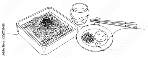 Obraz na płótnie Zaru soba cold noodles with dipping sauce in continuous line drawing style