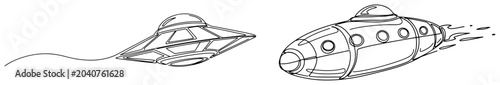 Φωτογραφία Retro rocket spaceship and flying saucer UFO in continuous line art style