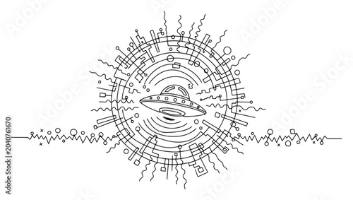 Tableau sur toile UFO flying saucer surrounded by abstract geometric technology patterns in contin