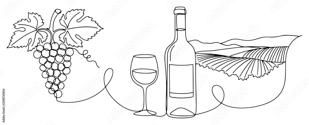 Fototapeta premium Wine bottle with glass and grapes bunch next to vineyard hills in continuous line art style