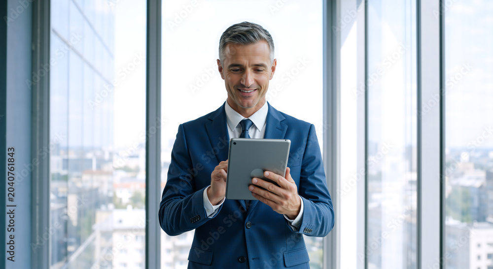 Fototapeta premium Businessman using a digital tablet in a modern office with city view. Professional man in a blue suit working on a mobile device