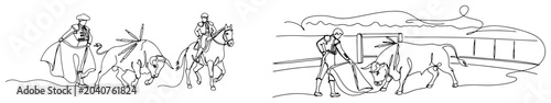 Konstfotografi Spanish bullfight scene with matador picador on horse and bull in continuous lin