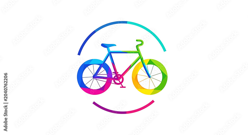 Fototapeta premium Colorful bicycle with rainbow wheels and abstract background, circle