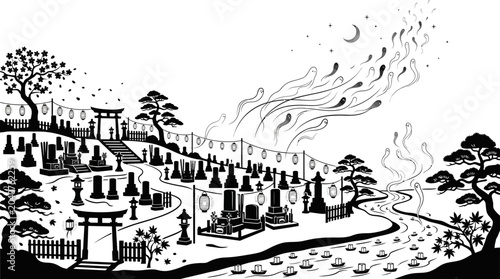 Bilde på lerret Black and white illustration graveyard scene.
