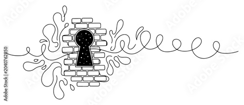 Keyhole in brick wall opening to stars and space in minimalist line art style