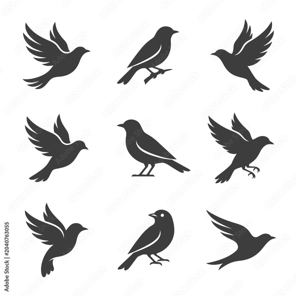 Fototapeta premium Elegant Collection of Bird Silhouettes Flying and Perched Vector Icons