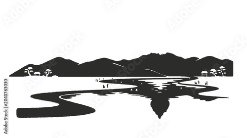 Bilde på lerret Black silhouette of mountain landscape.