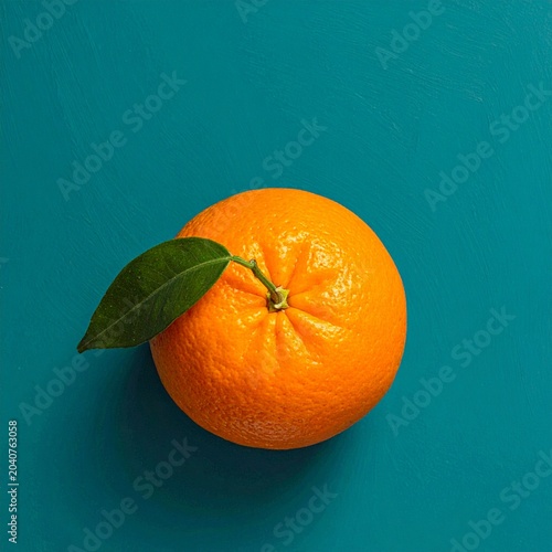  Top view of vibrant orange with leaf on solid teal background