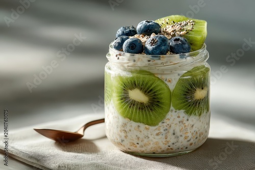 Overnight Oats with Kiwi and Blueberry: A refreshing jar of overnight oats layered with creamy yogurt, adorned with vibrant slices of kiwi and a generous topping of fresh blueberries and seeds.