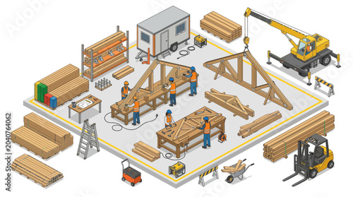 Construction Site Isometric View with Workers Building Wooden Structures