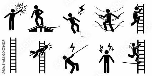Schilderij op canvas Electrical Hazard And Fall Safety Icons Black Silhouette Set On White