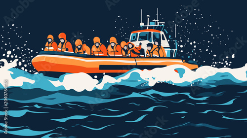 Illustration of a rescue boat with crew navigating rough seas at night