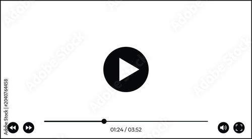 Minimalist Digital Media Video Player Interface Vector Layout with Play Button, Timeline Progress Bar, Time Counter, Volume Icon, and Fullscreen Controls for Websites and Applications
