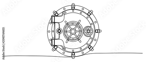 Heavy bank vault door with locking mechanism for security in continuous line art style