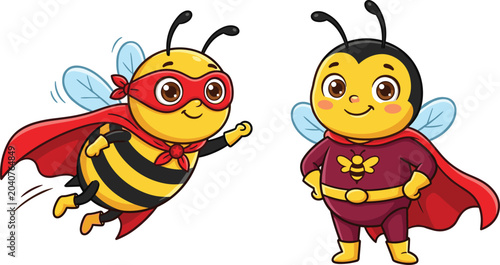 Cute Superhero Honey Bee Cartoon Character Set in Flying and Standing Poses with Red Capes, Masks, and Costumes for Kids Education, Children Books, and Logo Designs