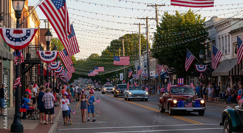 Festive Small Town Parade with Classic Cars and American Flags on a Sunny Day