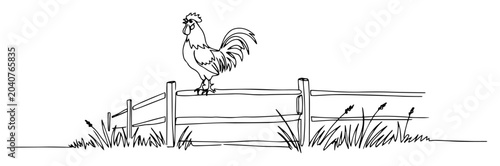 Rooster standing on wooden fence in farmyard continuous line art