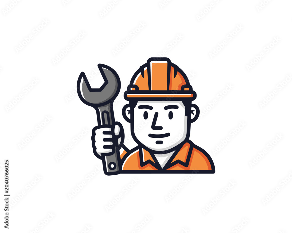 Fototapeta premium Skilled Worker with Wrench in Orange Safety Gear, Graphic Illustration, Workshop Environment, Professional Concept