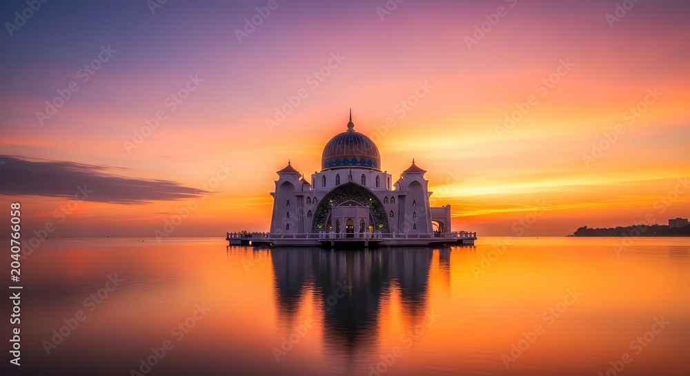 Obraz premium A breathtaking view of a majestic floating mosque on calm water during a vibrant sunrise with golden light reflecting on the peaceful sea, horizon, coastline, orange
