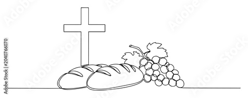 Bild auf Leinwand Christian cross with bread and grapes in minimalist continuous one line drawing
