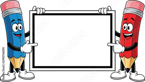 Two cartoon pencil characters holding a blank white board for school announcements and educational messages in vector illustration style