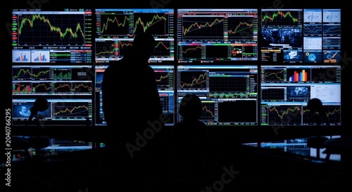 Silhouette of person in front computer screens.