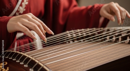 Close-up of a person playing a traditional Chinese Guzheng instrument.