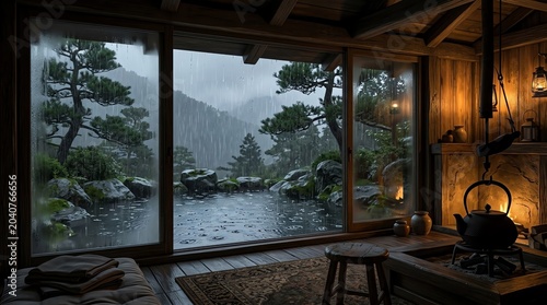 Rainy View of Asian Garden from Cozy Room Setting