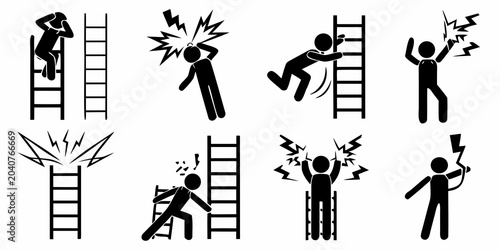 Cuadro en lienzo Ladder fall and electrocution hazard silhouettes black on white