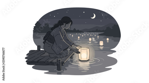 Tableau sur toile Woman holding a paper lantern.