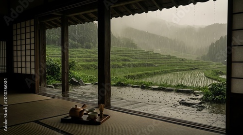 Japanese Rainy Season Rice Paddy Field and Tea Set