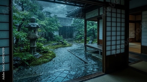 Rain Falling in a Japanese Zen Garden at Traditional House