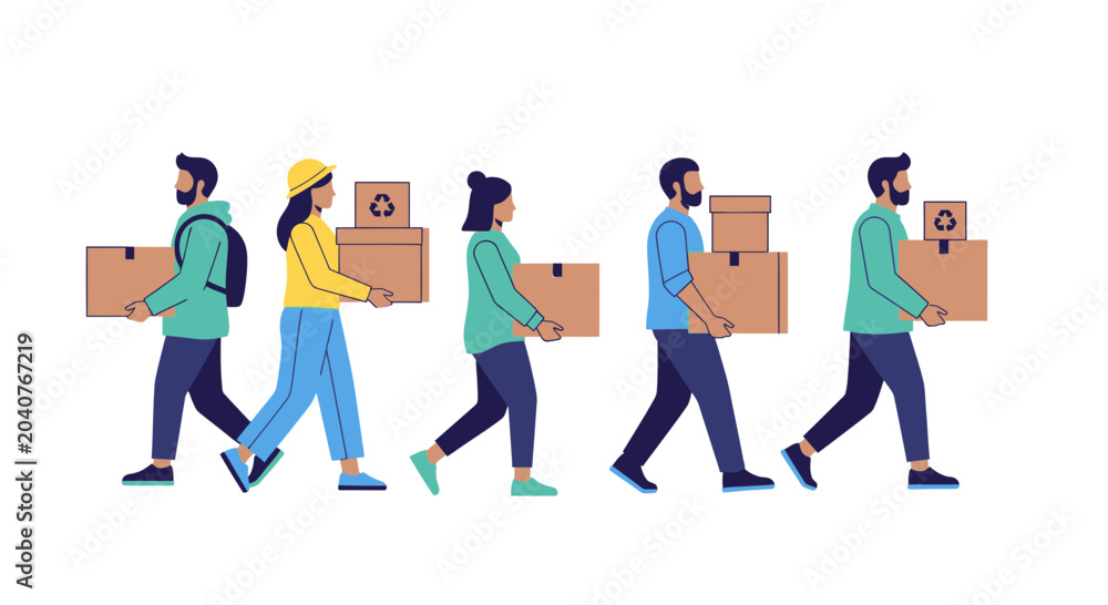 Fototapeta premium Diverse Group Carrying Cardboard Boxes, Moving and Delivery Concept