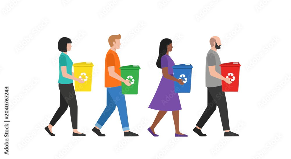 Fototapeta premium Diverse people carrying recycling bins, promoting environmental awareness